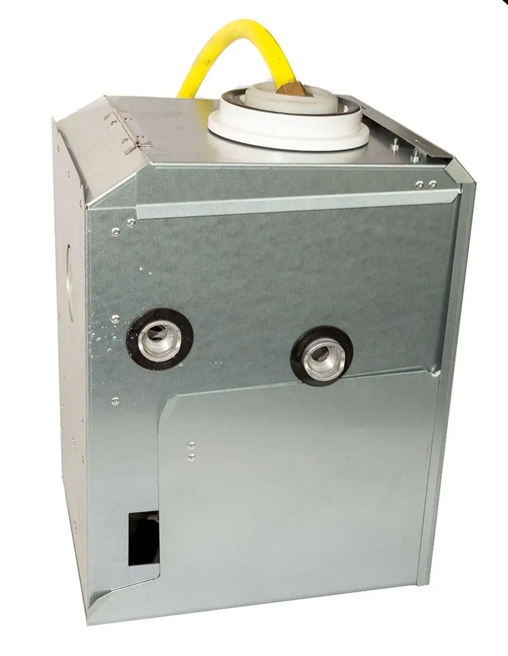 Metallisches Gehäuse mit Anschlüssen, vermutlich Teil eines Wärmesystems. Die Marke Daikin ist auf dem Gehäuse nicht sichtbar, jedoch relevant für vergleichbare Produkte.